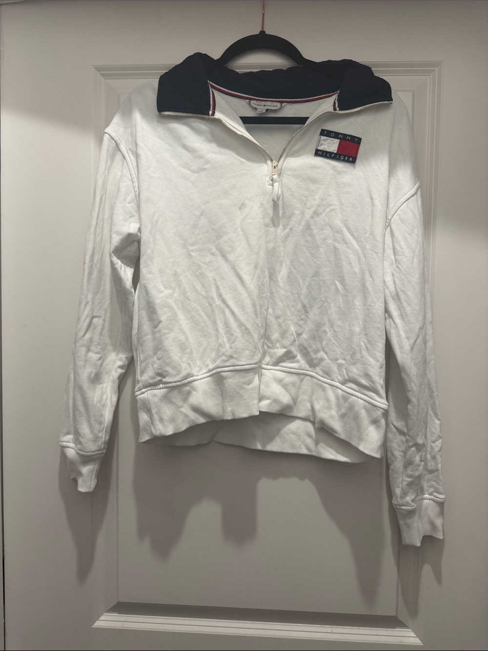 Tommy Hilfiger White Half-Zip Sweatshirt with Navy Collar